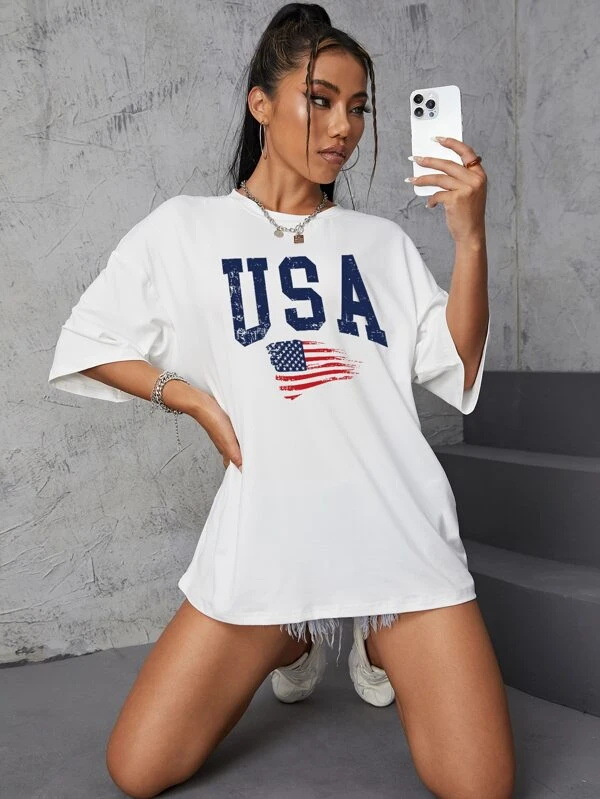 Women's T-shirt Short Sleeve T-Shirts Printing Patchwork Simple Style Letter American Flag display picture 5