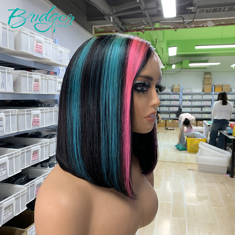 Factory Highlight Blue Rose Red 2*6 Kim Closure BOB Parrucca per capelli veri Parrucca per capelli umani_voghion.com