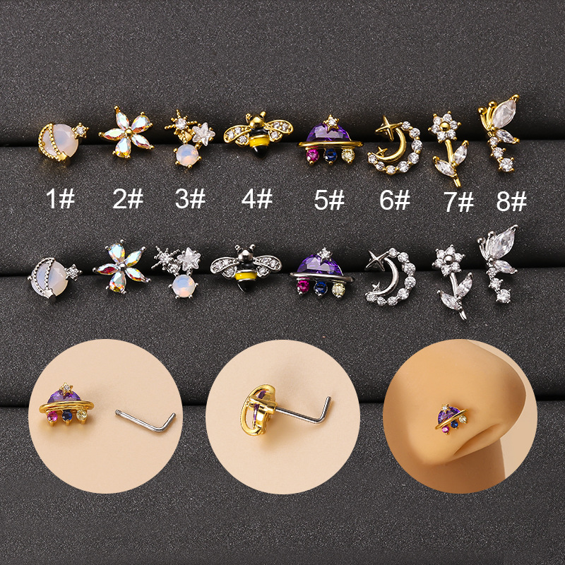 Fashion Flower Stainless Steel Plating Artificial Pearls Zircon Nose studs 1 Piece