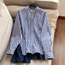 2025秋季新品文艺条纹宽松不对称长袖立领棉衬衫上衣批发H21ET090