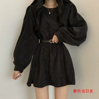 韩国chic复古圆领宽松休闲小个子泡泡袖灯芯绒连衣裙短裙配腰带女