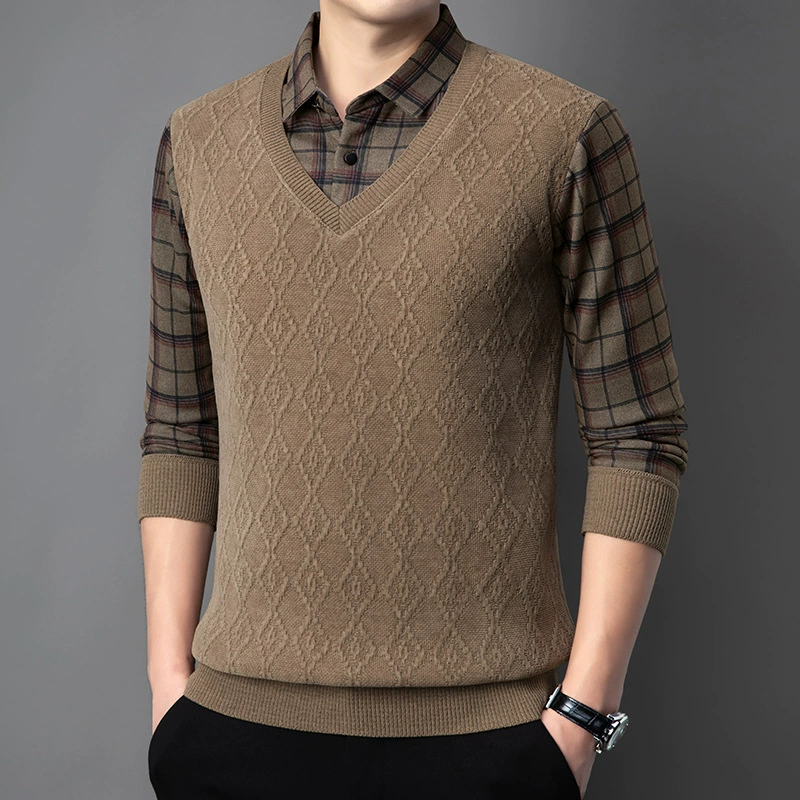 [Плюс бархатный ватный] 2024 новый мужской осенний и зимний поддельный свитер два свитера среднего и пожилого отца трикотажный свитер