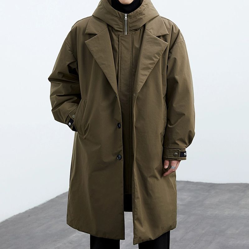 Spring and Autumn New Korean Style Men's Trendy Faux Two-Piece Hooded Mid-Length Parka Cotton Coat