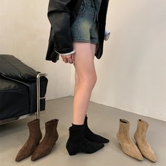 复古绒面后拉链短靴女靴2025秋冬季新款方头瘦瘦靴擦色低跟及踝靴