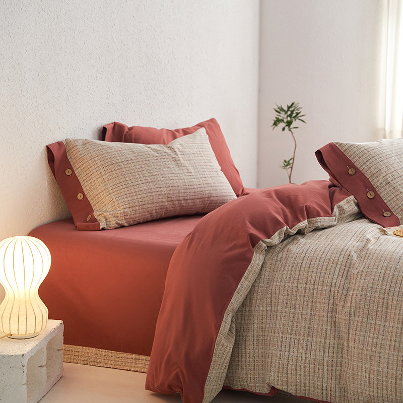 Botón cepillado ecológico impreso, un juego de algodón de cuatro piezas, otoño e invierno, cálido, sueño desnudo, kit de algodón grueso retro