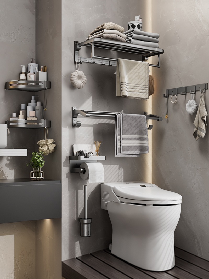 太空铝毛巾架免打孔浴室置物架枪灰色卫生间厕所壁挂浴巾架洗手间