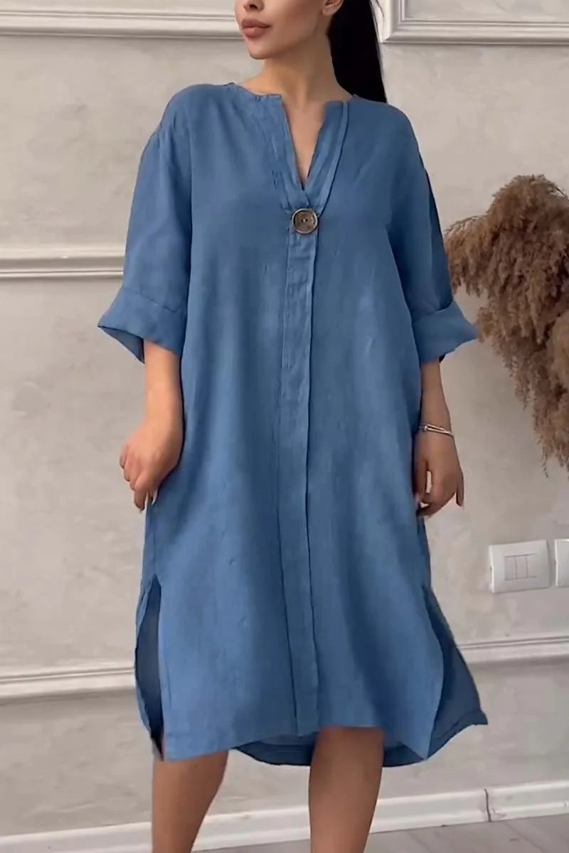 Button Design Wholesale Women's Casual Button Solid Color Holiday Round Neck 3/4 Length Sleeve Shirt Dress