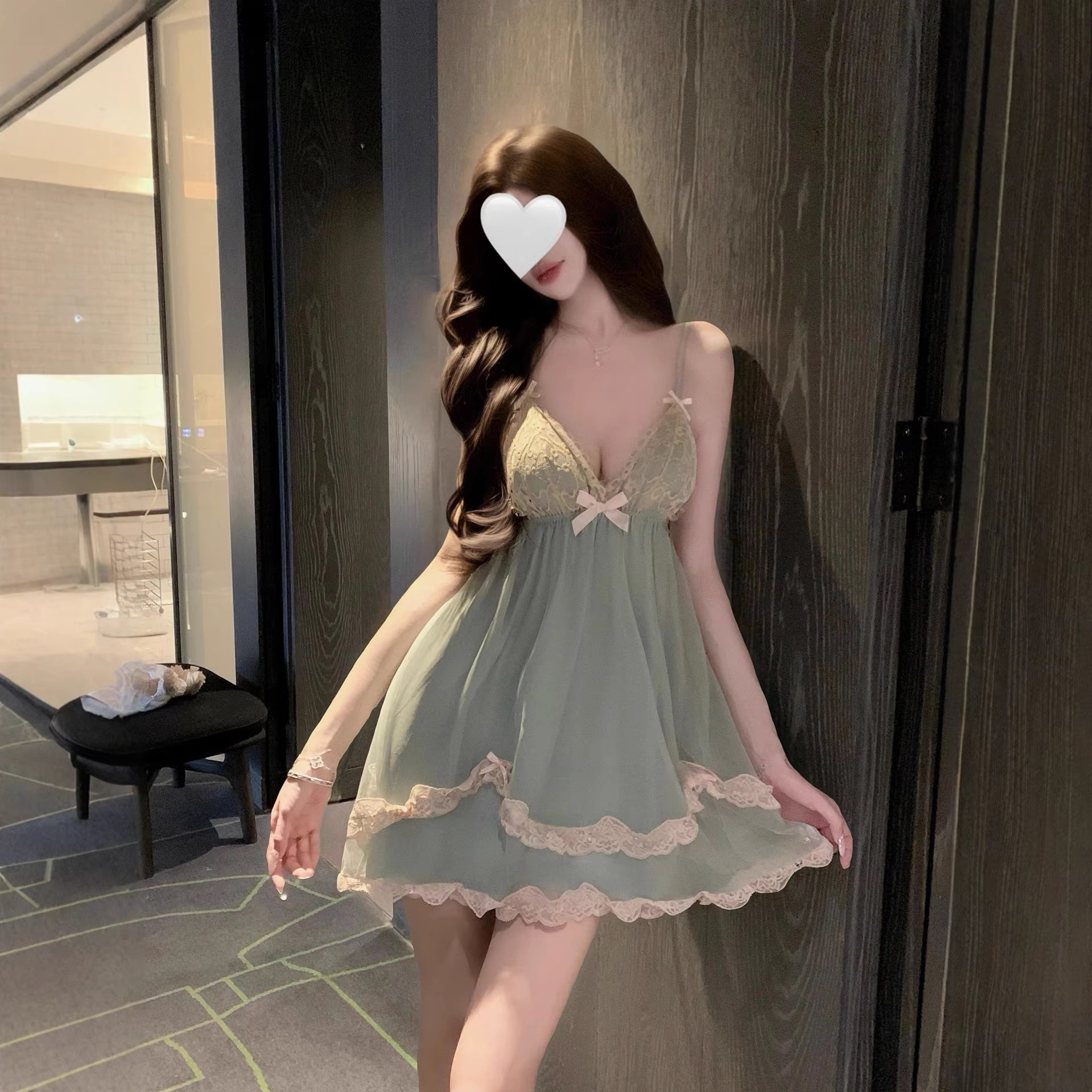 蜜桃约 甜欲系网纱吊带睡裙蕾丝法式性感女人味睡衣纯欲家居服
