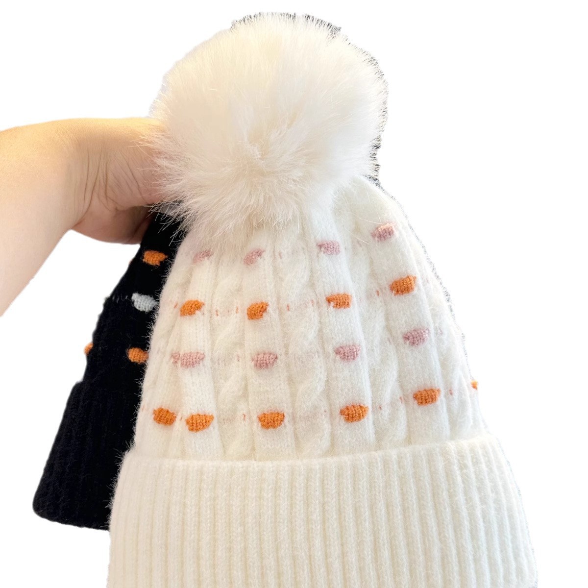 Cappello invernale da uomo e da donna in lana, caldo, spesso, con fodera in pile, alla moda, versatile, all'ingrosso, a pois, in maglia jacquard._voghion.com