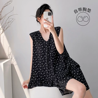 春夏季新款碎花人造绵绸睡衣女套头可外穿坎肩阔腿裤家居服女套装