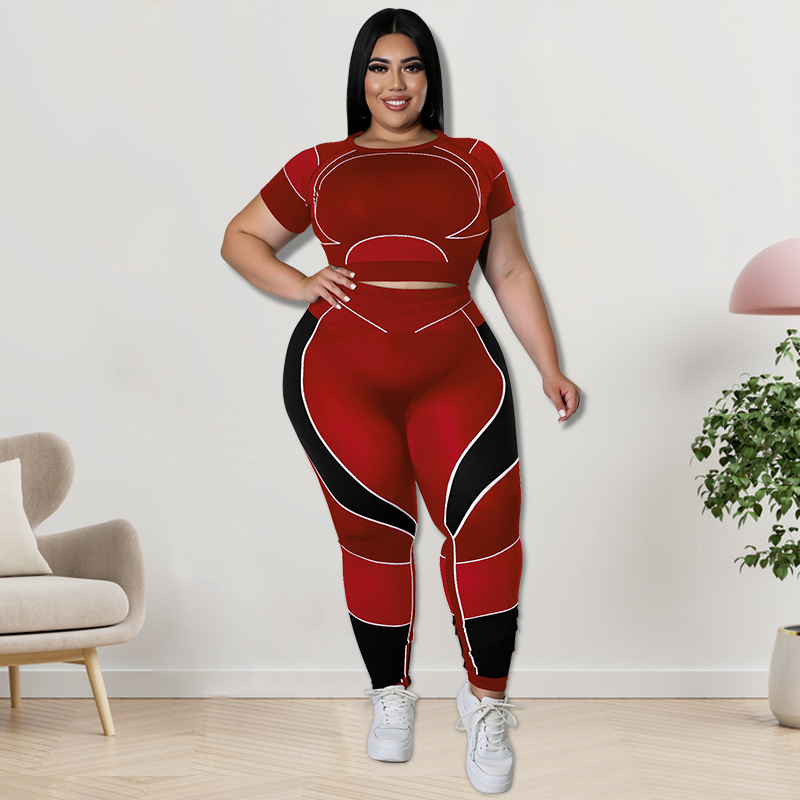 Plus Size Workout Sets For Women 3/4 Sleeve Crop Top And High Waist Yoga Pants, Color Block Sports Outfit, Sweet Style Athletic Wear_ecoleips.com