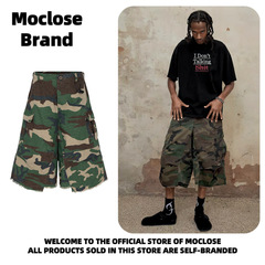 Moclose アメリカンストリート 春夏 カジュアル 迷彩 ダメージ加工 ローエッジシルエット メンズ レディース ゆったり ワークウェア クロップドショーツ