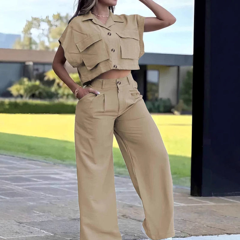 European and American Style Cross-Border Pants Suit for Women 2025 New Large Pocket Crop Top with Sleeves and Cargo Pants Two-Piece Set for Women