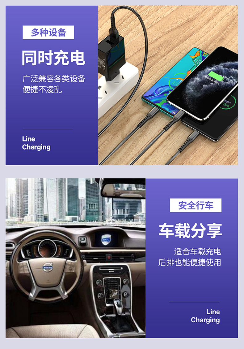 66W一拖三6A超级快充适用于安卓TYPE-C苹果编织三合一手机数据线详情7