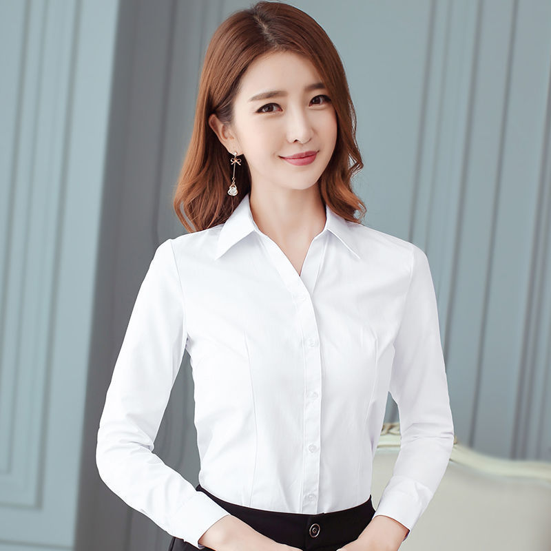 [V-Neck Shirt] Spring and Autumn New White Shirt Women's Korean Style Slim Long Sleeve Work Clothes Professional Wear Formal Tops