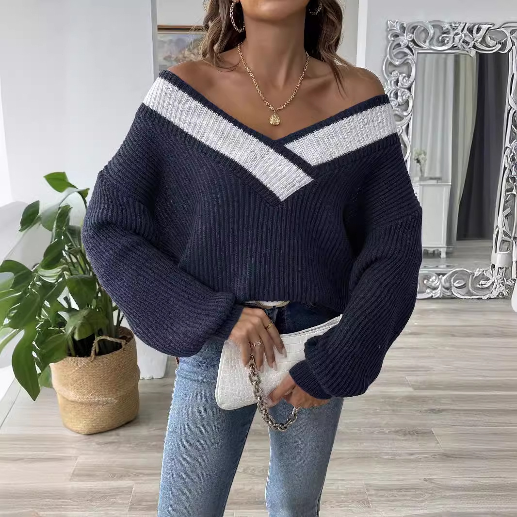Women's Clothing New autumn and winter women's clothing contrast color stitching large V neck loose woven sweater pullover sweater_voghion.com
