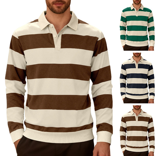 26 Western and European Leisure Sport Trend Business Knit Shirt Striped Color Block Button Long Sleeve POLO Shirt