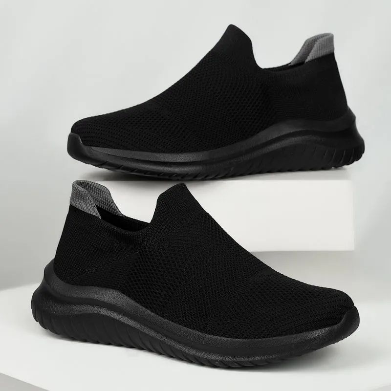 All black 45 breathable large size fly woven lazy foot men's sports and leisure shoes_voghion.com
