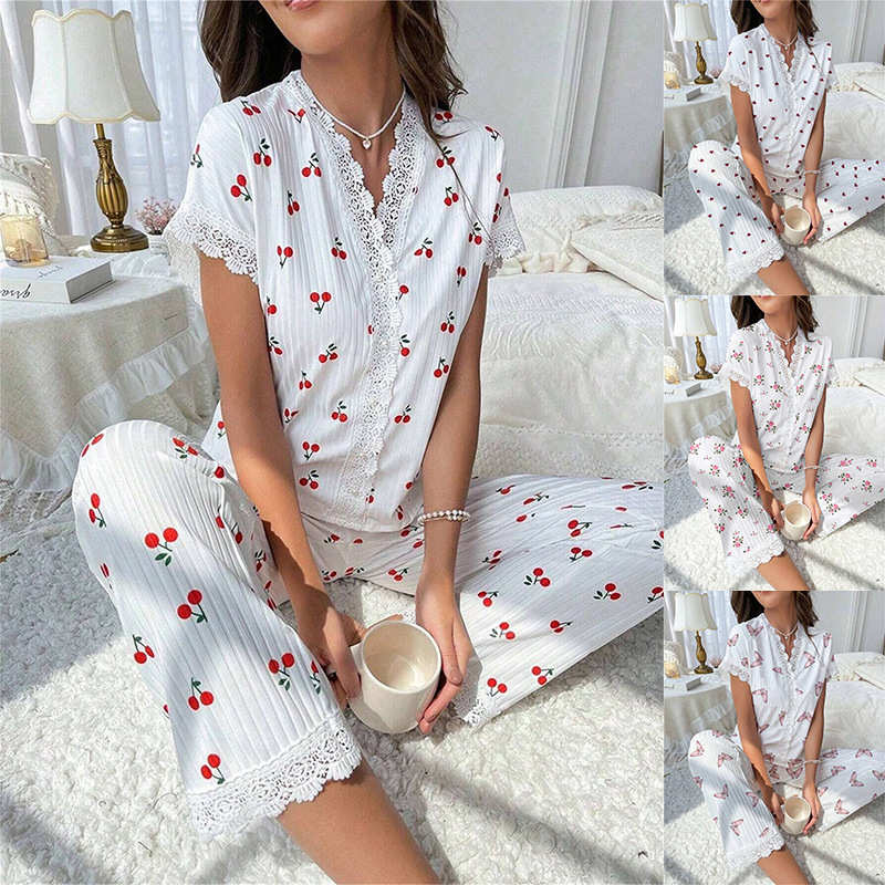 European and American Cross-Border Best-Selling Women's Home Clothes Cherry Print Water-Soluble Embroidered Edge Short-Sleeved Trousers Can Be Worn Outside Pajamas for Women