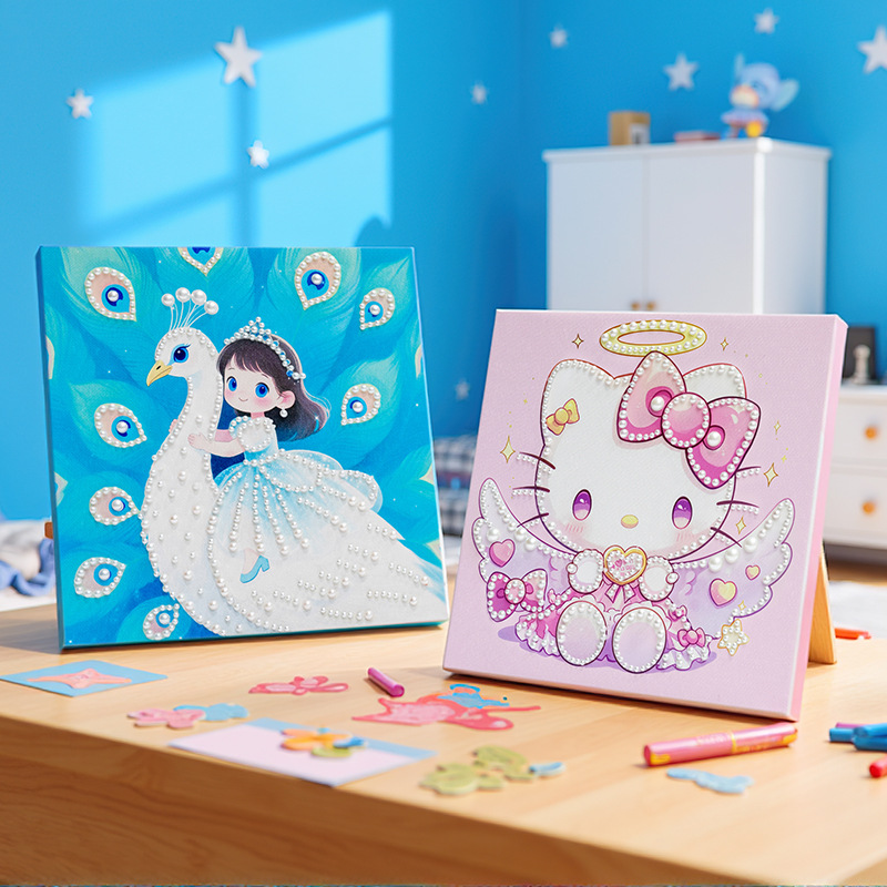 2026 New Children's Cartoon Handmade Pearl Painting DIY Material Pack Paste Painting with Frame Educational Toys for Boys and Girls