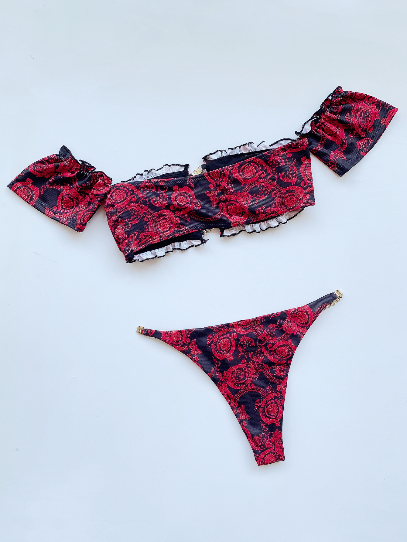 Print Solid Color Lotus Leaf Tube Top Chain Tankini 2 Piece Set NSCSM113051