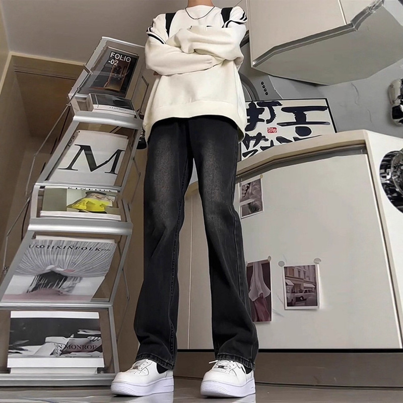Black and Gray Tall Men's Pants, Crotch-Raised High-Waisted Jeans, Summer American High Street Straight Scimitar Boot-Cut Pants