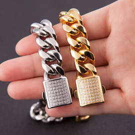 欧美不锈钢男士佩带古巴链抛光半圆磨镶钻钛钢手链嘻哈金属饰品