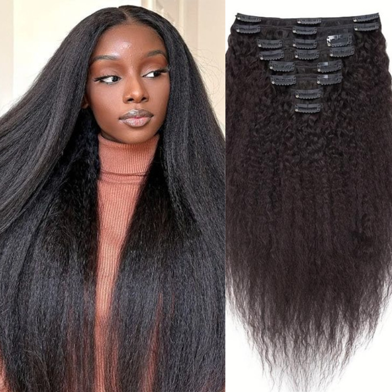 Real Hair Yaki straight 8pcs Clip In Human Hair Extensions Card Hair