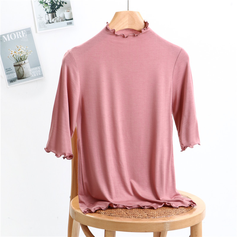 모달 하프 터틀넥 하프 슬리브 티셔츠 여성용 슬림 핏 얇은 하프 슬리브 타이트한 나무 귀 반소매 바닥 셔츠