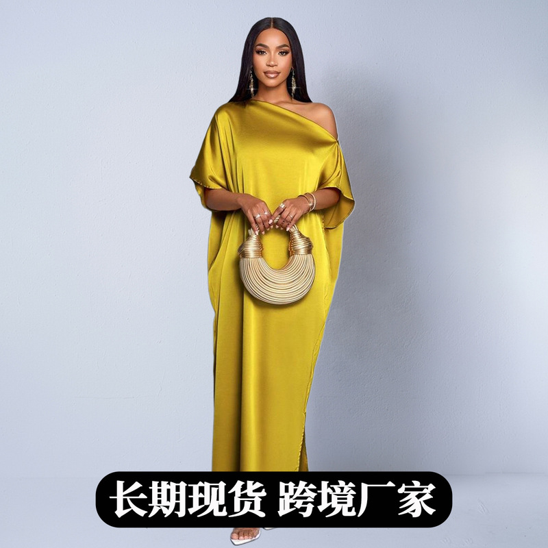 Foreign Trade European and American Women's Clothing Autumn Imitation Silk Dress 25 Spring and Autumn New Satin Yellow Long Gown Dress