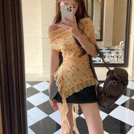 夏季女装新款 波西米亚风辣妹修身碎花一字领露肩飘带短袖T恤上衣