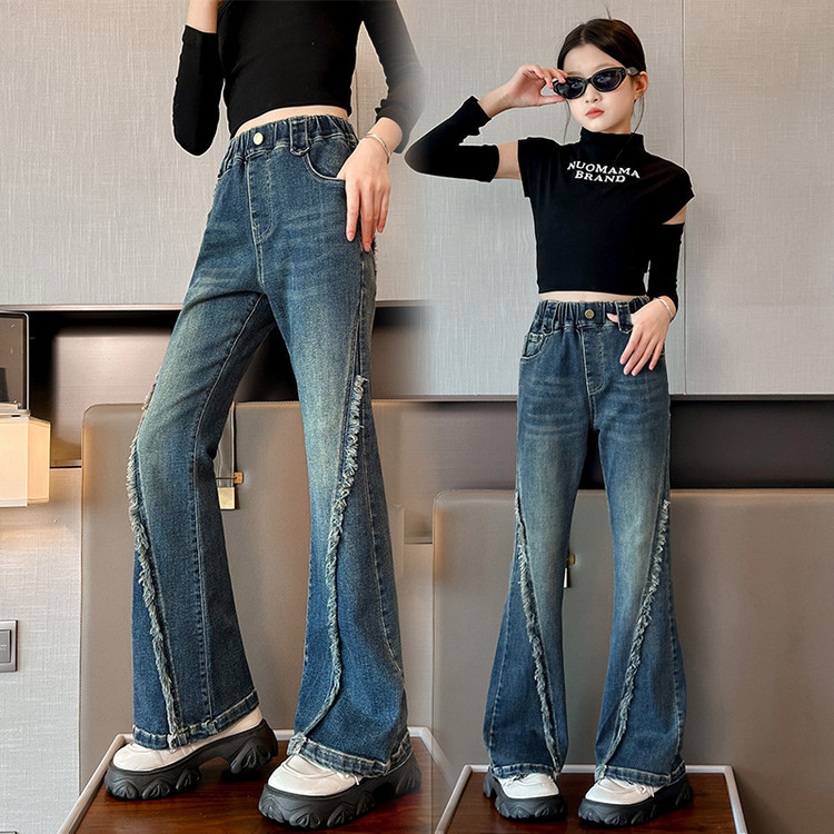 Jeans in denim effetto consumato per bambini con orlo grezzo e vestibilità comoda - Jeans elasticizzati in vita azzurri per ragazze, stile streetwear alla moda_voghion.com