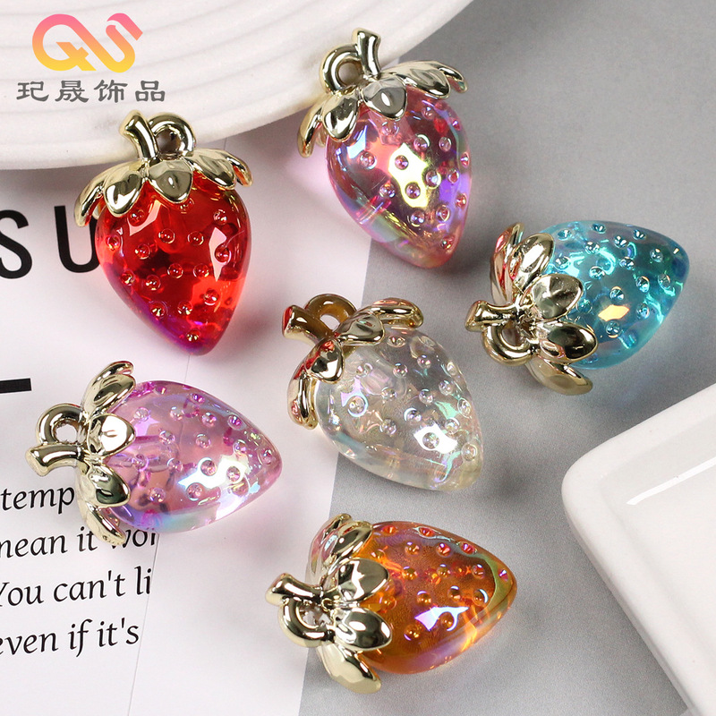 Exquisite Transparent Electroplated Colorful Strawberry Pendant DIY Stereo Fruit Keychain Mobile Phone Chain Pendant Jewelry Accessories