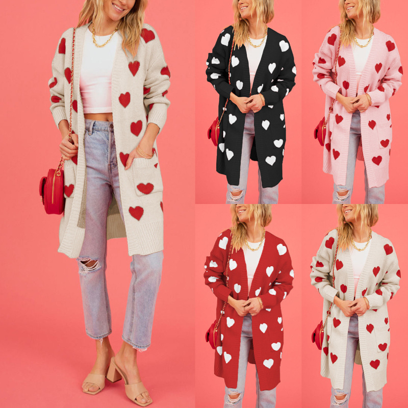 2026 Autumn and Winter New European and American Foreign Trade Popular Sweater, Heart-Shaped Valentine's Day Cardigan, Large Heart Color-Blocking Sweater