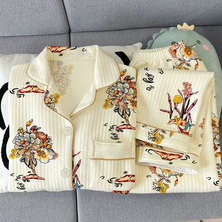 新款高档空气夹层睡衣舒适保暖家居服中老年妈妈装碎花翻领可外穿