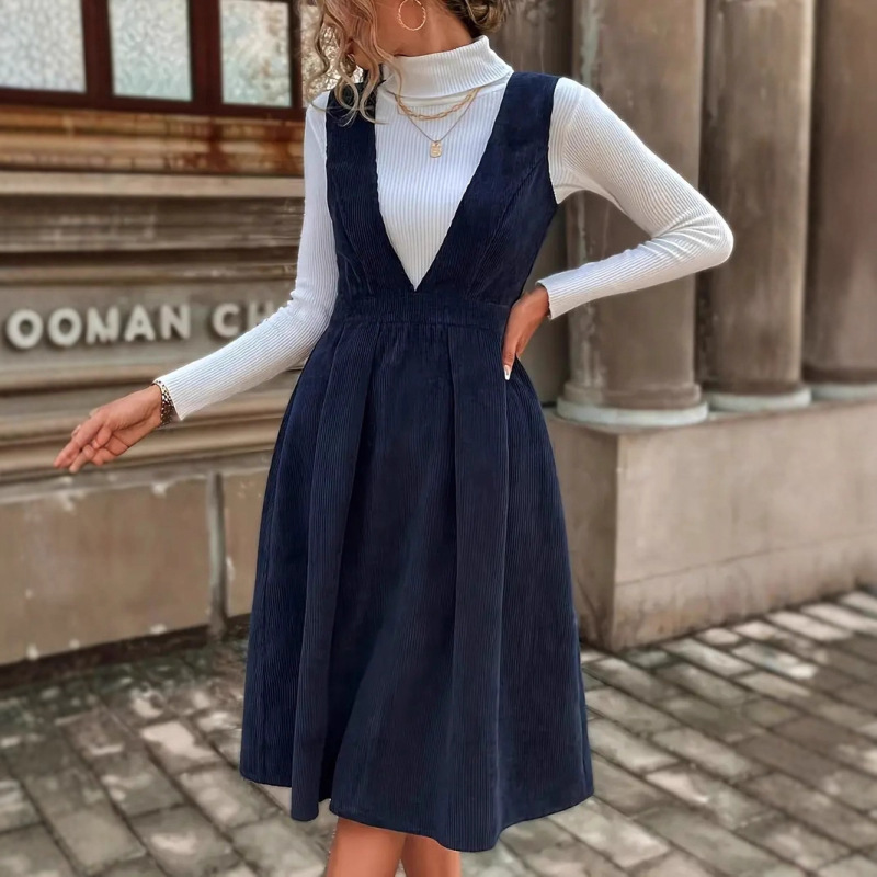 In-Stock Amazon European and American Cross-Border Women's Clothing Elegant Mid-Length Corduroy Suspender Dress Classic V-Neck Dress