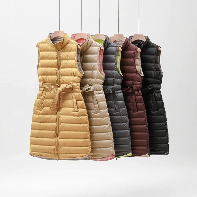 2025 New Autumn and Winter Lightweight down Vest Women's Long Stand-Up Collar over the Knee Waist Slimming Contrasting Color Seamless Fabric 2025 New Autumn and Winter Lightweight down Vest Women's Long Stand-Up Collar over the Knee Waist Slimming Contrasting Color Seamless Fabric