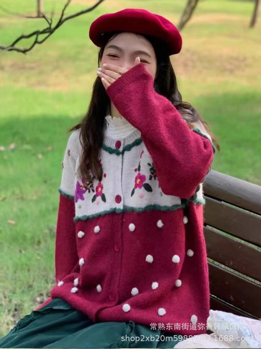 D59 森女系复古拼接球球宽松百搭款撞色毛衣开衫