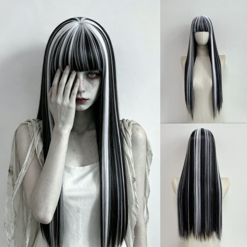 Ghost Bride Cosplay Wig with Black and White Highlights, Straight Long Hair with Bangs, Halloween Headgear Ghost Bride Cosplay Wig with Black and White Highlights, Straight Long Hair with Bangs, Halloween Headgear