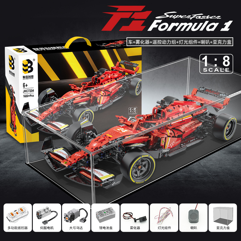 Bloques de Construcción de Alta Dificultad, Coche de Carreras de Fórmula 1 Ferrari, Escala 1:8, con Efecto de Sonido de Llama Trasera Mejorado