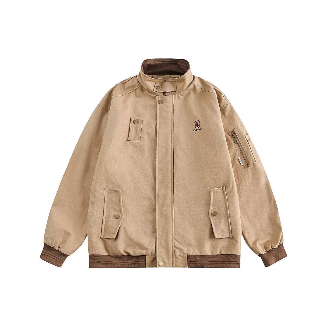 Estilo japonés retro bordado Diseño ropa de trabajo chaqueta de los hombres y las mujeres de Primavera y Otoño Nueva solapa suelta de color a juego Chaqueta de traje de vuelo