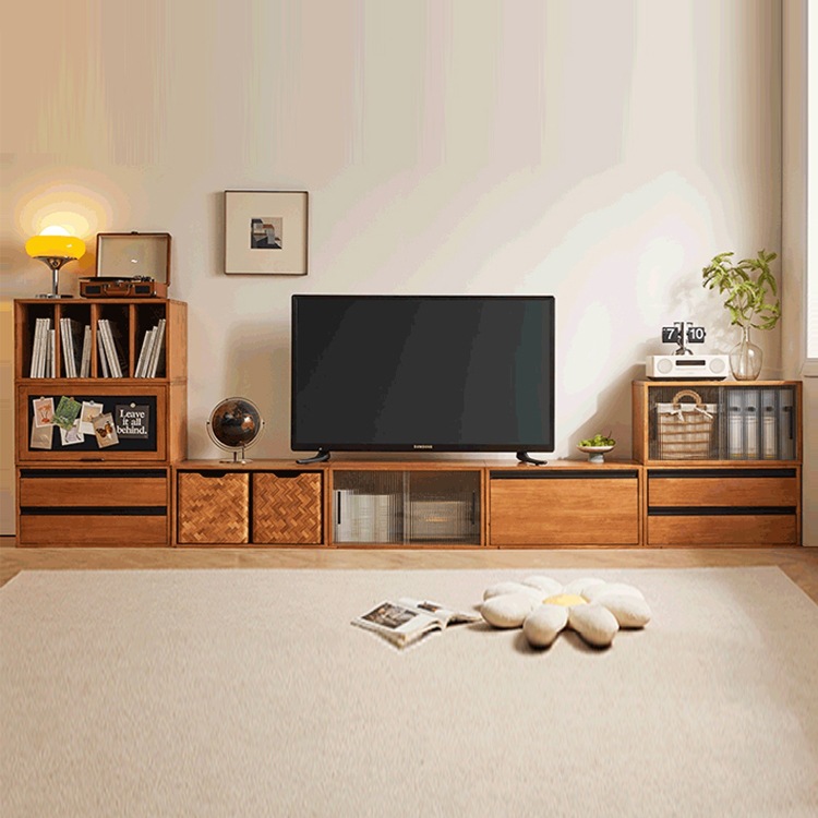 Solid Wood Tv Cabinet Storage Locker Integrated Wall Bookshelf Home Living Room 2025 New Floor-Standing