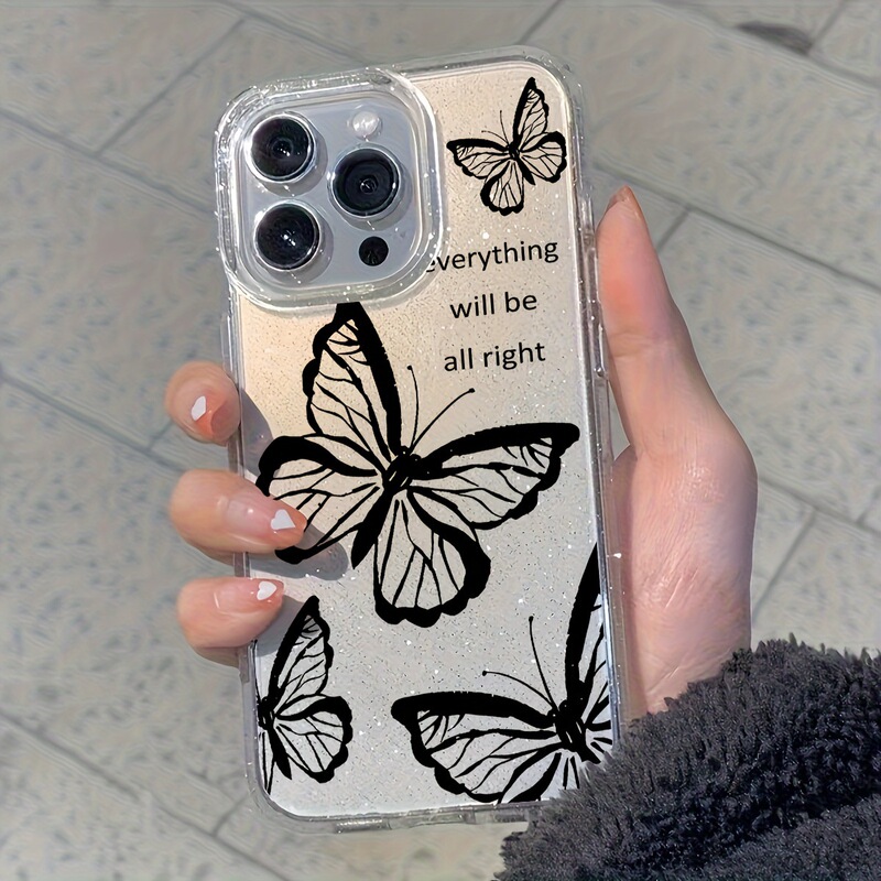 Line Black Butterfly Suitable for Apple 13 14 Mobile Phone Case 16Promax Large Hole Glitter Case XS Transparent 11 Cute 1