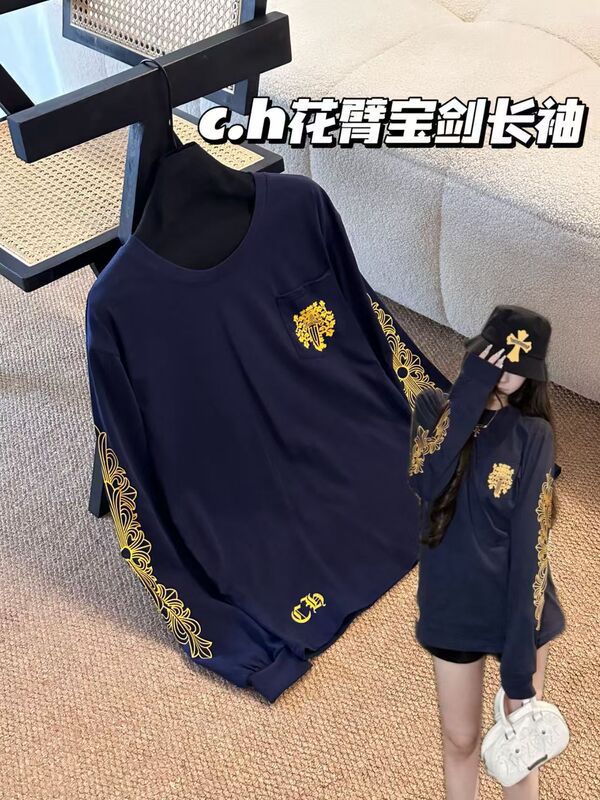 高版本~25早秋新款复古梵文宝剑印花口袋撞色长袖T恤宽松休闲上衣|undefined