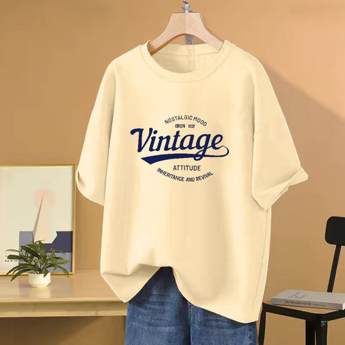 2025 Trendy Recommendations 100% Cotton Women's Vintage American Style Crew Neck T-shirt Baseline Shirt Versatile Casual Slimming Top