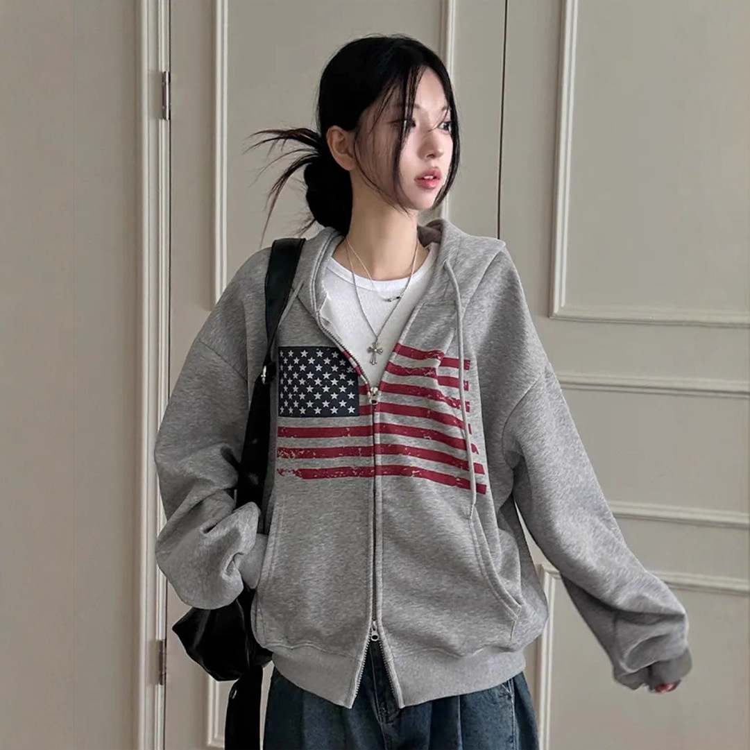 5色加绒加厚~冬季韩国复古街头休闲国旗印花拉链开衫外套保暖女