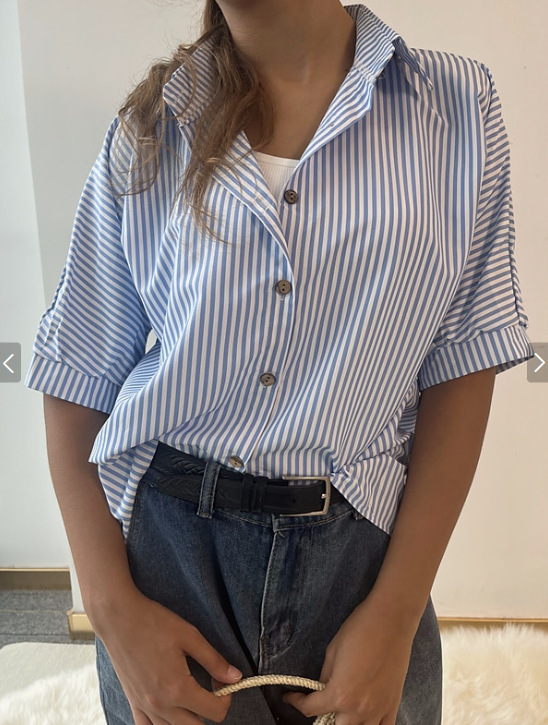 Women's Clothing Classic Stripe Button-Down Shirt For Women, Mid-Sleeve Casual Top For Spring And Summer_ecoleips.com