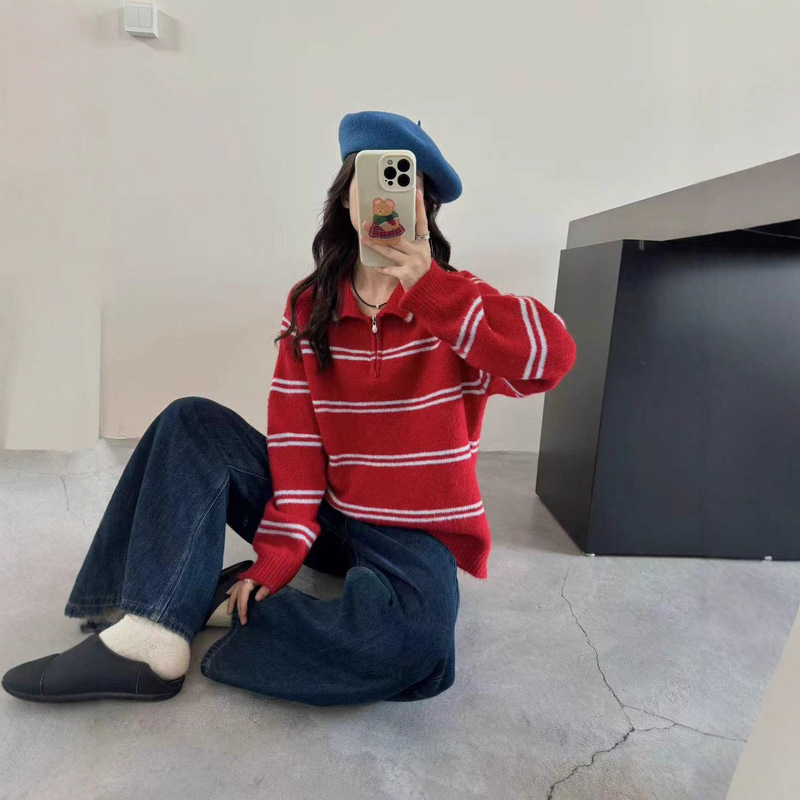 韩系polo领条纹套头毛衣女秋冬宽松翻领半拉链软糯减龄针织衫上衣|undefined