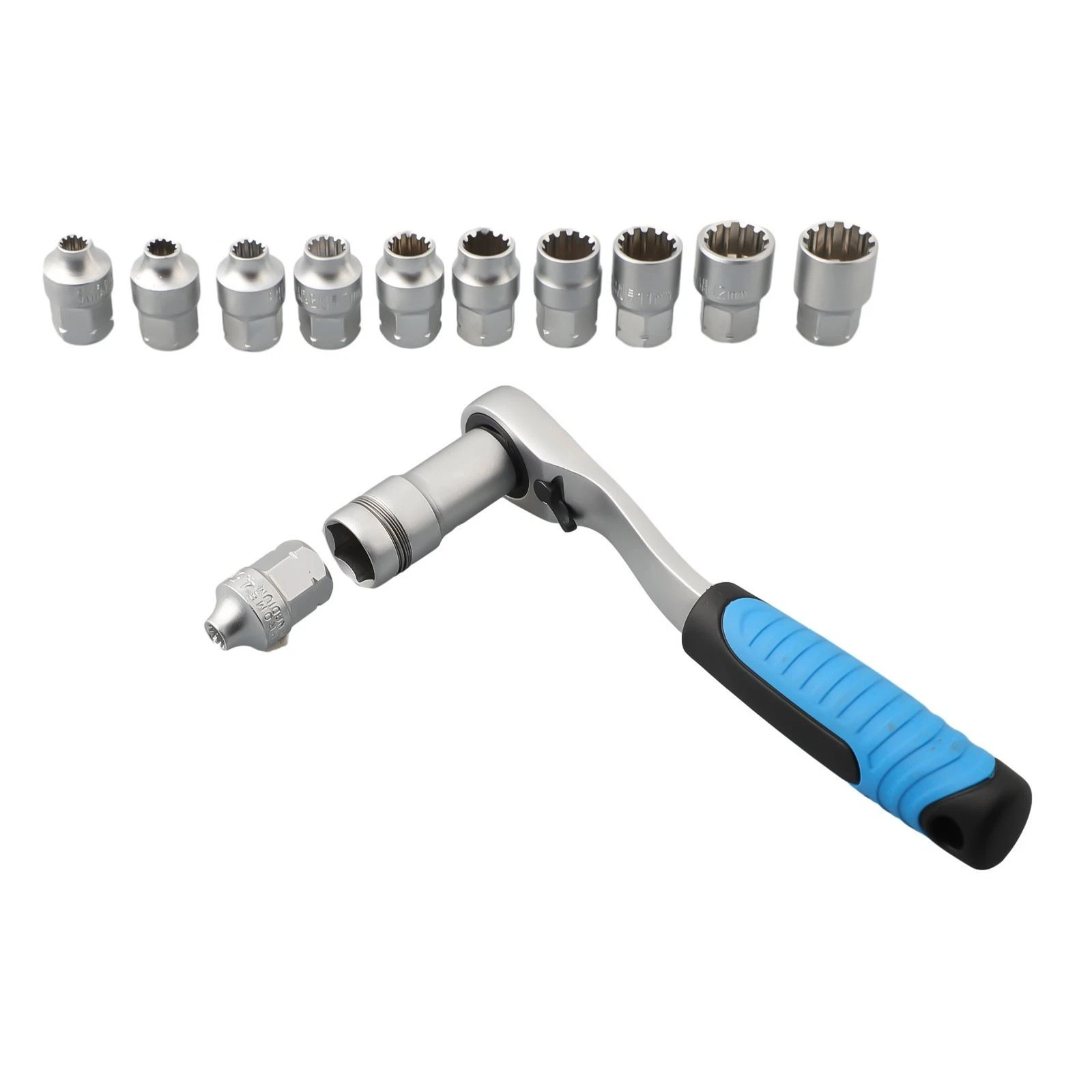 17-Piece Set of Multi-Functional Ratchet Sockets with Toothed Core Sockets, 12-Point Perforated Sockets, and Disassembly Tools