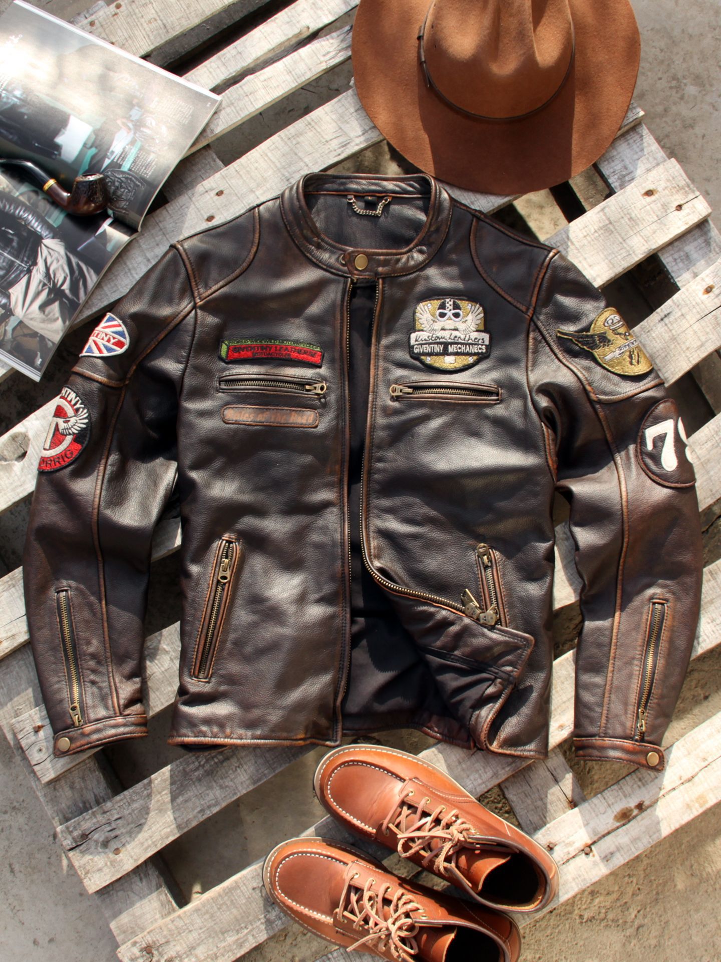 Amei Khaki Genuine Leather Jacket for Men, Vintage Distressed Cow